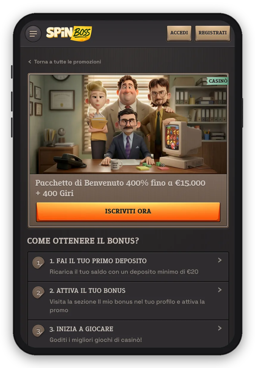 SpinBoss Casinò – bonus di benvenuto mobile Dettaglio del pacchetto di benvenuto SpinBoss 400% fino a €15.000 + 400 giri con i passaggi per ottenere il bonus (mockup smartphone)