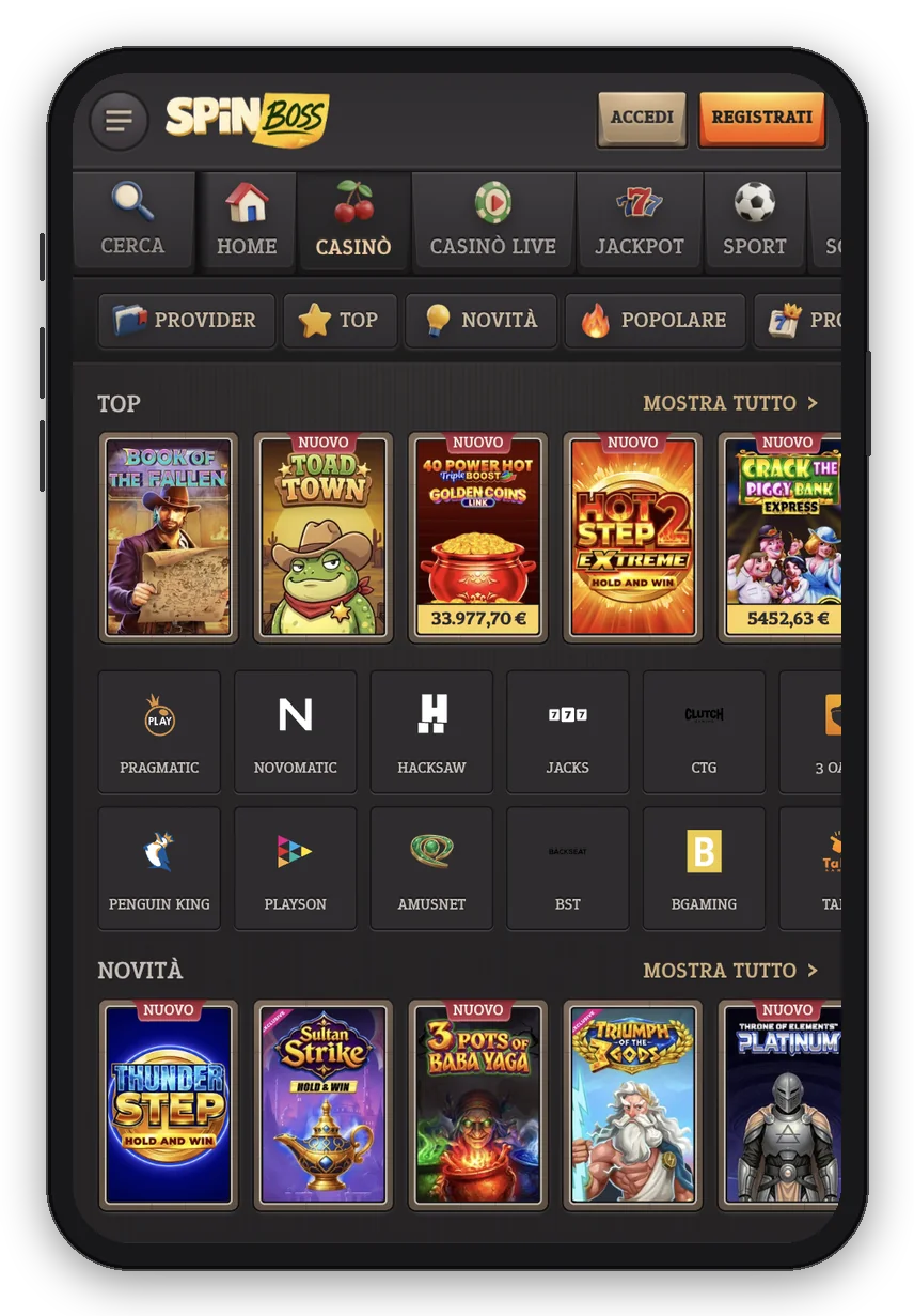 Lobby del casinò SpinBoss su mobile: sezione Top, provider e novità con le slot in evidenza (mockup smartphone)