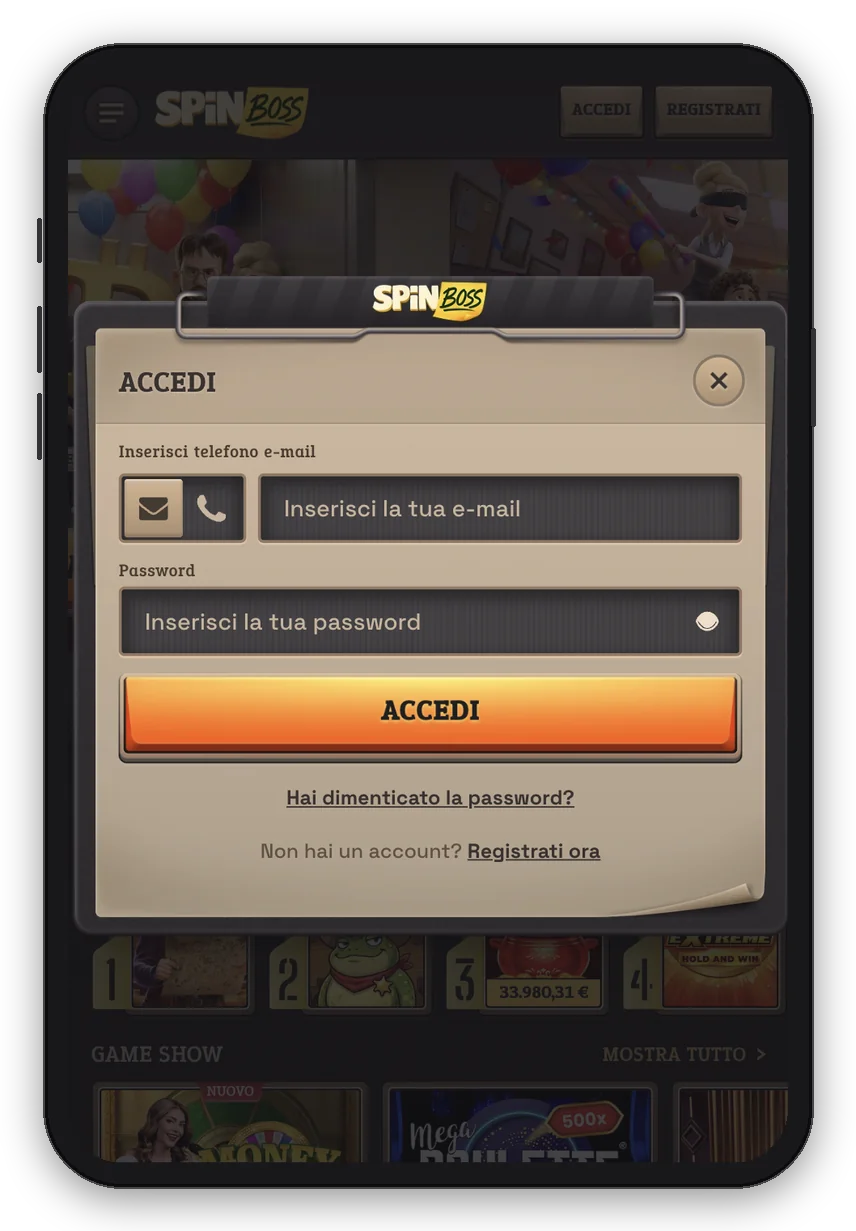 Schermata di login SpinBoss su mobile: accesso con e-mail o telefono e password (mockup smartphone)